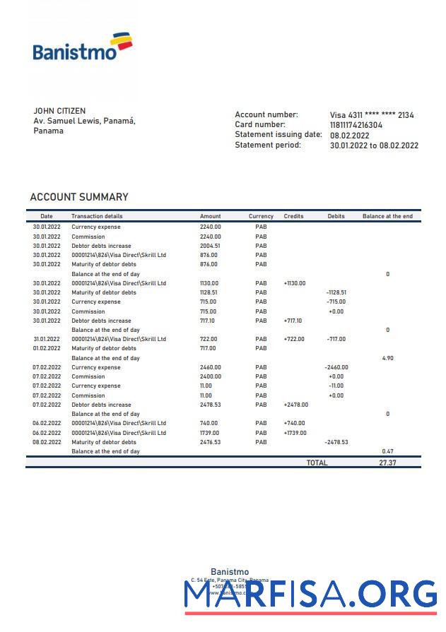Realistic Panama Banistmo bank statement word download for verification